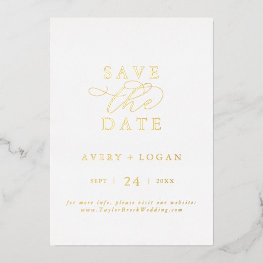 Elegantes Script Gold Foil Save the Date Folieneinladung (Vorderseite)