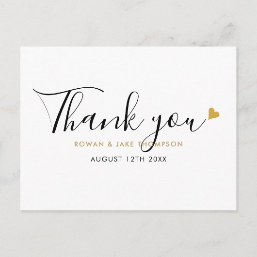 Elegantes Script Gold Heart Modern Vielen Dank Postkarte (Vorderseite)