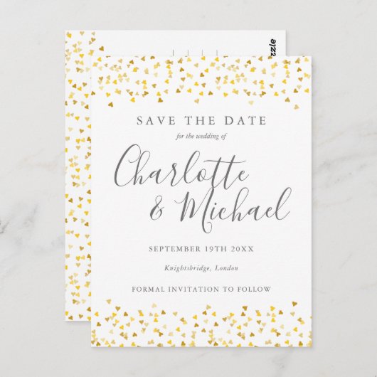 Elegantes Script Gold Hearts Confetti Save the Dat Postkarte (Vorne/Hinten)