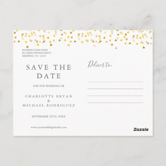 Elegantes Script Gold Hearts Confetti Save the Dat Postkarte (Rückseite)