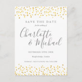 Elegantes Script Gold Hearts Confetti Save the Dat Postkarte (Vorderseite)