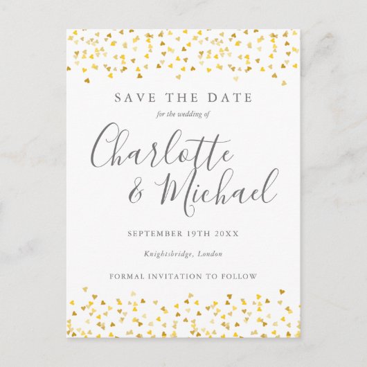 Elegantes Script Gold Hearts Confetti Save the Dat Postkarte (Vorderseite)