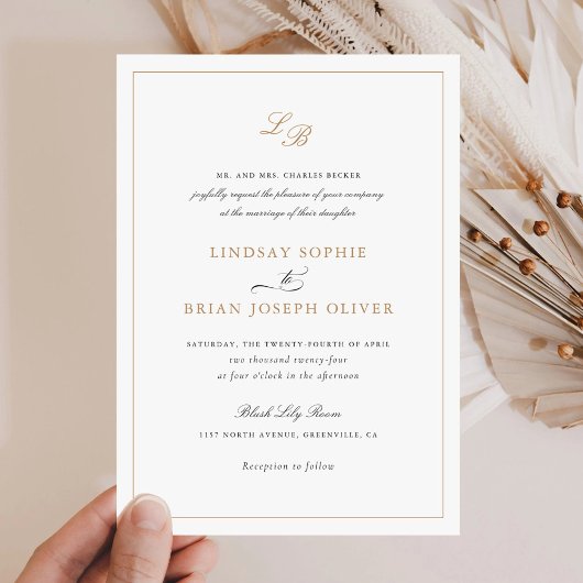 Elegantes Script Gold Monogram Moderne Hochzeit Einladung