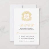 Elegantes Script Gold Monogram Wappen Hochzeit RSVP Karte (Vorderseite)