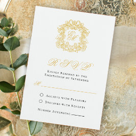 Elegantes Script Gold Monogram Wappen Hochzeit RSVP Karte
