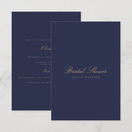 Elegantes Script Gold Navy Bridal Einladung (Vorne/Hinten)