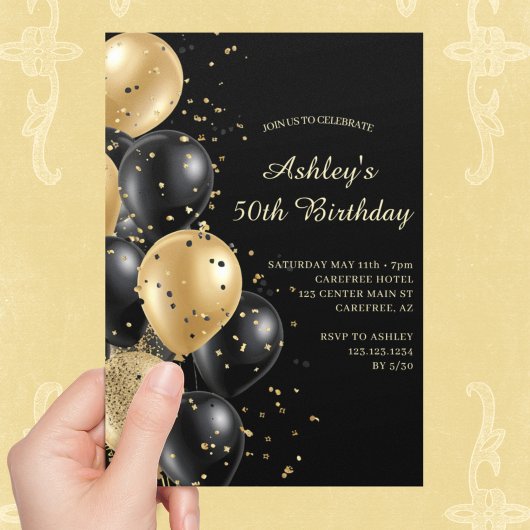 Elegantes Script Gold und Black 50. Geburtstag Einladung
