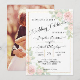 Elegantes Script Gold Watercolor Rosa Blumenzehen Einladung