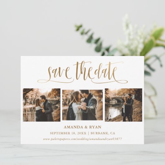 Elegantes Script Gold Wedding 4 Foto Save the Date (Stehend Vorderseite)