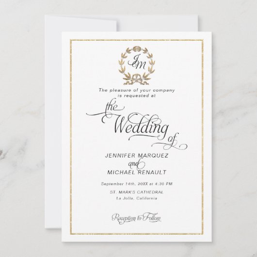 Elegantes Script Gold Wreath Monogram Foto Hochzei Einladung (Vorderseite)