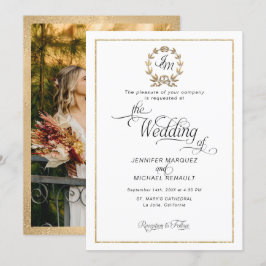 Elegantes Script Gold Wreath Monogram Foto Hochzei Einladung