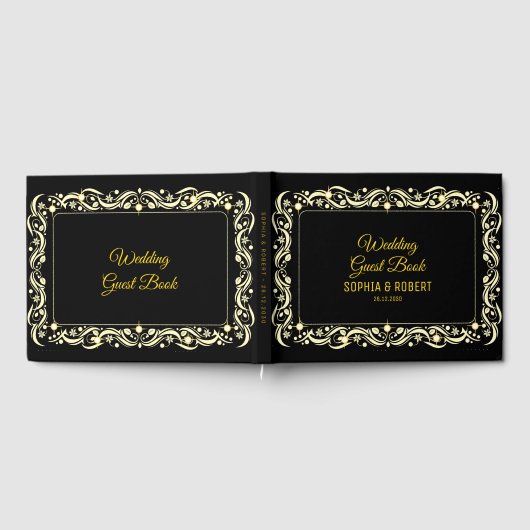 Elegantes Script Golden Luxury Floral Black Weddin Gästebuch (Voll)