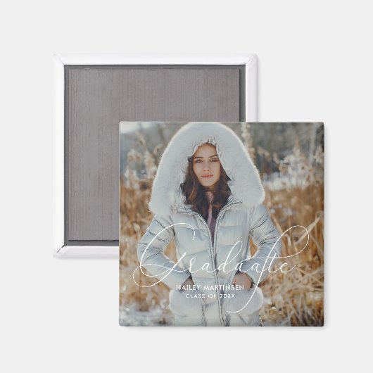 Elegantes Script Graduate Foto und Name Magnet (Vorderseite/Rückseite)