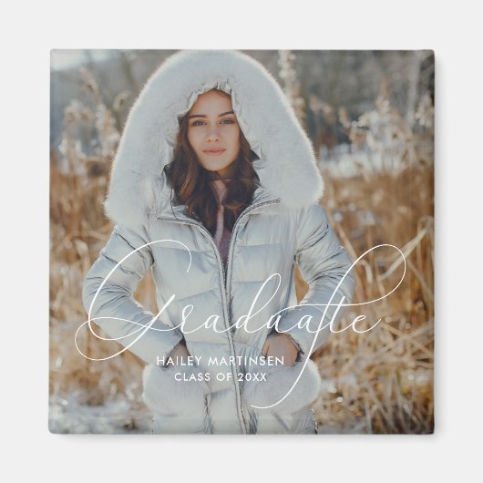 Elegantes Script Graduate Foto und Name Magnet (Vorne)