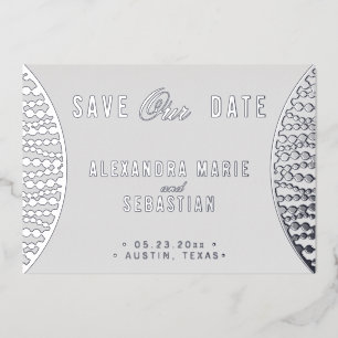 Elegantes Script Gray Pearls Save the Date Silver Folieneinladung