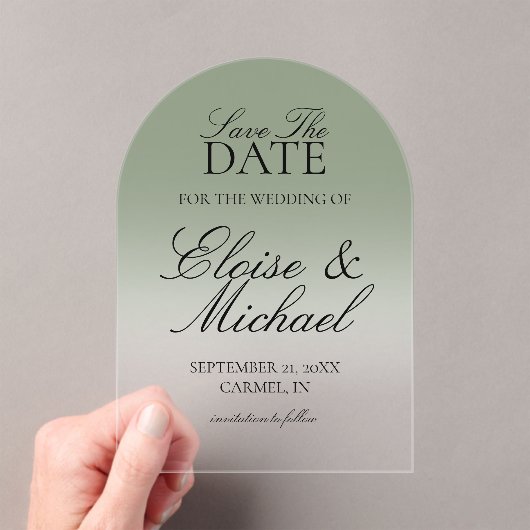 Elegantes Script Green Gradient Save the Date Acryleinladungen (Insitu (Handheld))