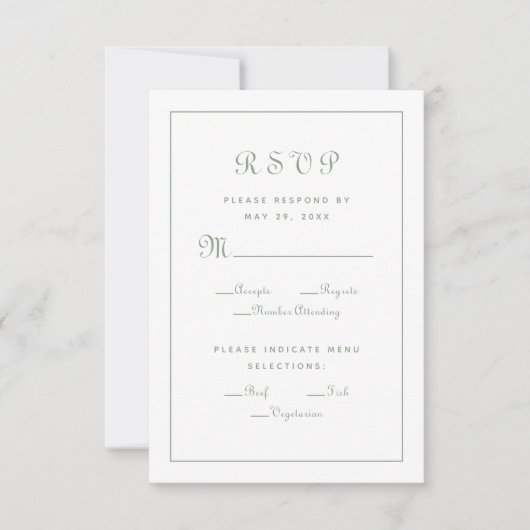 Elegantes Script Green Wedding Enclosure RSVP Karte (Vorderseite)