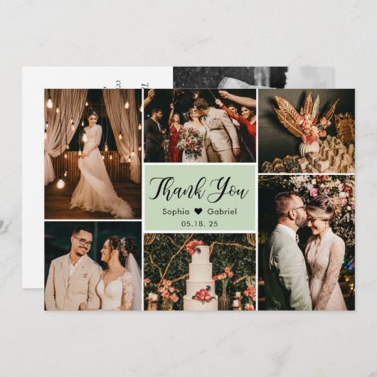 Elegantes Script Green Wedding Multi Foto Collage Dankeskarte (Vorne/Hinten)