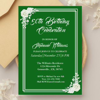 Elegantes Script Green White Rose 50. Geburtstag Einladung