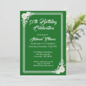 Elegantes Script Green White Rose 50. Geburtstag Einladung (Stehend Vorderseite)