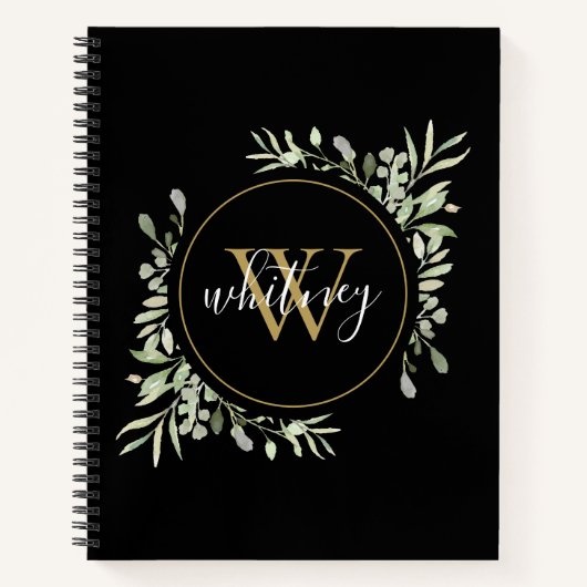 Elegantes Script Greenery Chic Gold Monogram Black Notizblock (Vorderseite)