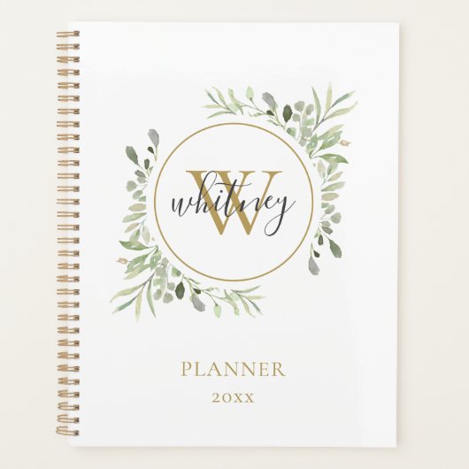 Elegantes Script Greenery Gold Monogram 2023 Planer (Vorderseite)