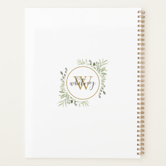 Elegantes Script Greenery Gold Monogram 2023 Planer (Rückseite)