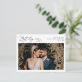 Elegantes Script Greenery Wedding Foto Vielen Dank Postkarte (Stehend Vorderseite)
