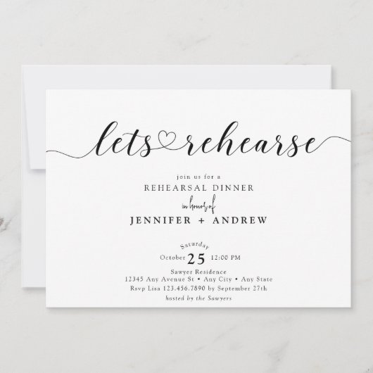 Elegantes Script Heart | Abendessen Probe Einladung (Vorderseite)