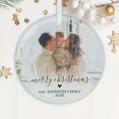 Elegantes Script Heart Family Foto Frohe Weihnacht Ornament Aus Glas
