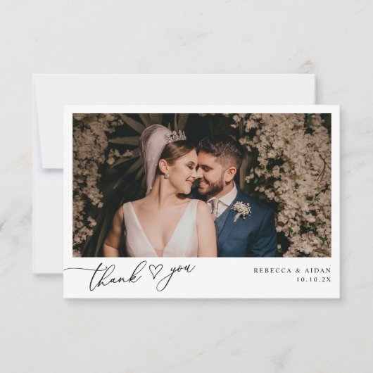 Elegantes Script Heart Modern Wedding Foto Dankeskarte (Vorderseite)