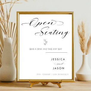 Elegantes Script Heart Open Seating Wedding Sign Sockelschild