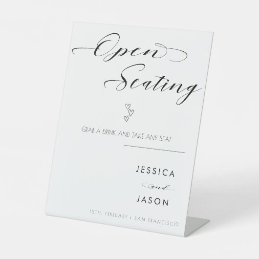 Elegantes Script Heart Open Seating Wedding Sign Sockelschild (Vorderseite)