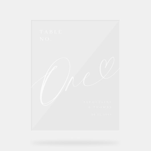 Elegantes Script Heart Wedding Tischnummer One Acrylschild (Vorderseite)