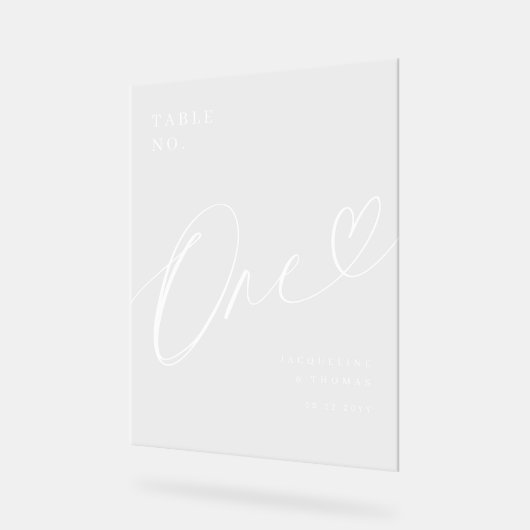 Elegantes Script Heart Wedding Tischnummer One Acrylschild (Winkel)