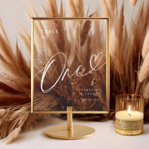 Elegantes Script Heart Wedding Tischnummer One