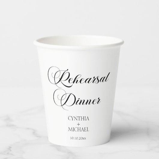 Elegantes Script Hochzeit Probe Dinner Pappbecher (Vorderseite)