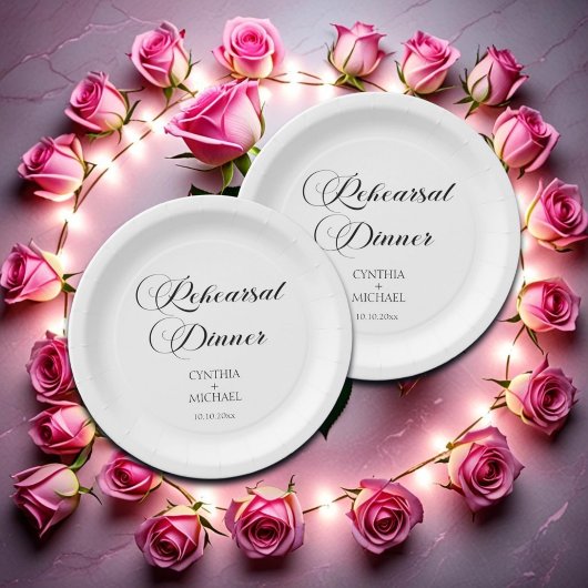 Elegantes Script Hochzeit Probe Dinner Pappteller