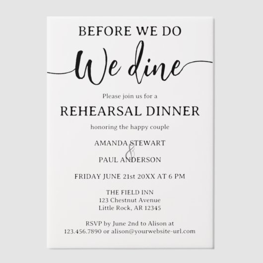 Elegantes Script Hochzeit Probe Dinner Pergament Einladungen (Vorderseite)