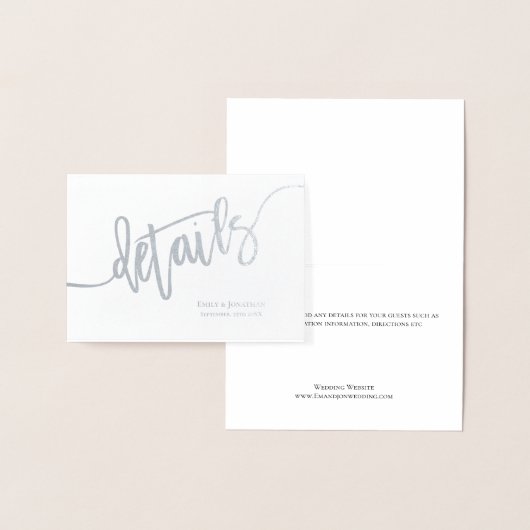 Elegantes Script-Hochzeitsdetails-Silver Folienkarte (Anzeige)