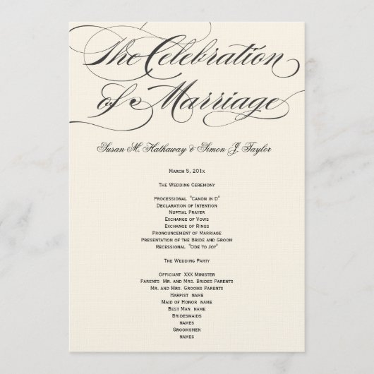 Elegantes Script-Hochzeitsprogramm - Black Off Whi Programm (Vorderseite)