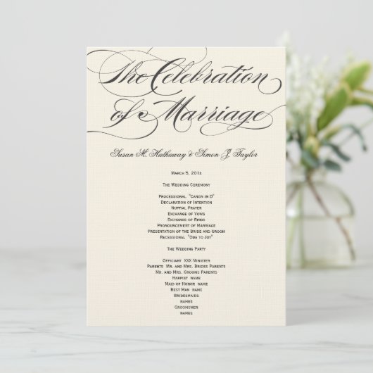 Elegantes Script-Hochzeitsprogramm - Black Off Whi Programm (Stehend Vorderseite)