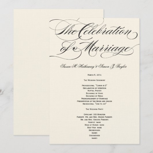 Elegantes Script-Hochzeitsprogramm - Black Off Whi Programm (Vorne/Hinten)