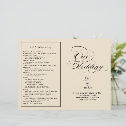 Elegantes Script-Hochzeitsprogramm - Schwarz & Aus (Stehend Vorderseite)