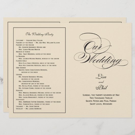 Elegantes Script-Hochzeitsprogramm - Schwarz & Aus (Vorne/Hinten)