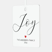 Elegantes Script Holiday Joy Familienjubiläum Weih Ornament Aus Metall (Vorderseite links)