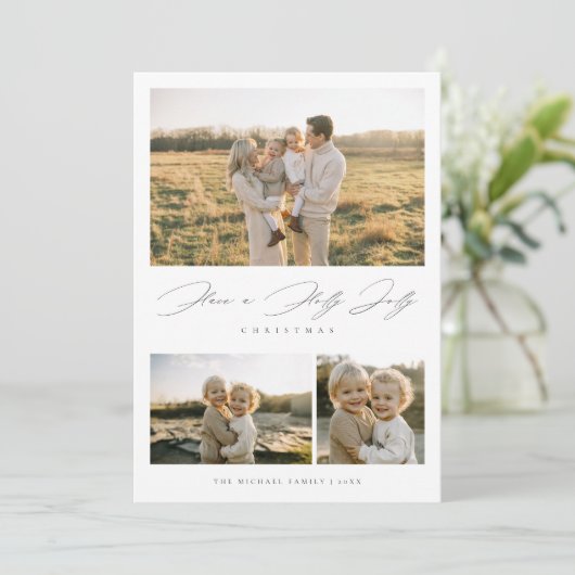 Elegantes Script Holly Jolly Weihnachten Rustikale (Stehend Vorderseite)