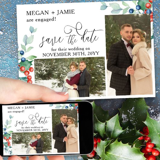 Elegantes Script Holly Winter Berries 2 Foto Save The Date