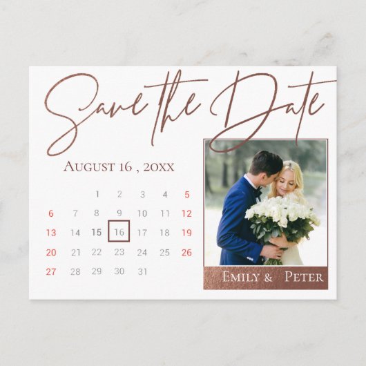 Elegantes Script Imitats Rose Gold Wedding Foto Ankündigungspostkarte (Vorderseite)