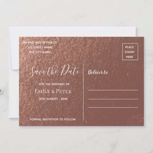 Elegantes Script Imitats Rose Gold Wedding Foto Save The Date (Rückseite)